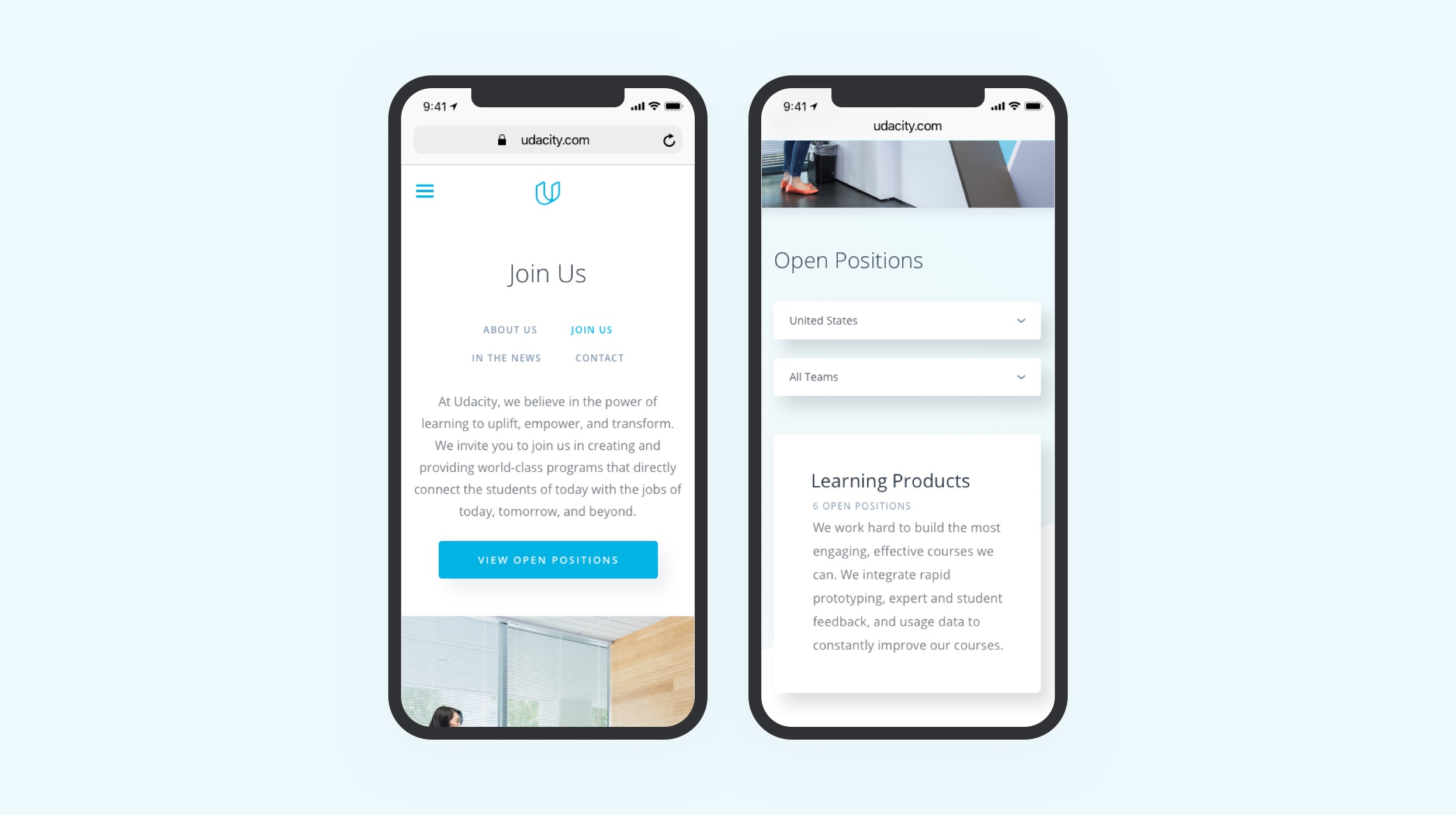 Udacity's jobs page on mobile web